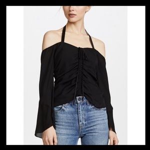Cinq a Sept black ruched silk off the shoulder top